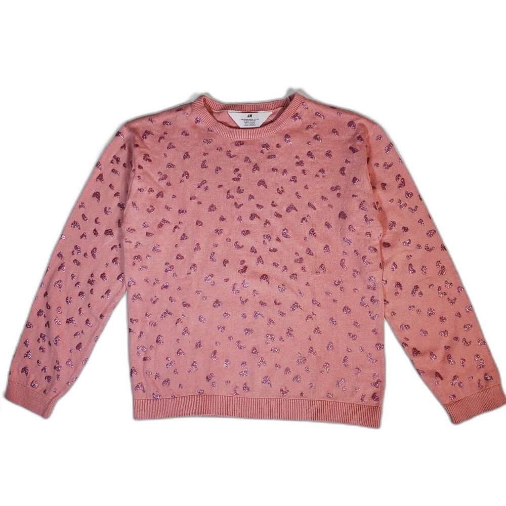NWT H&M Girls Sweater Size 8-10 100% Cotton Light Pink Glitter Heart Long Sleeve